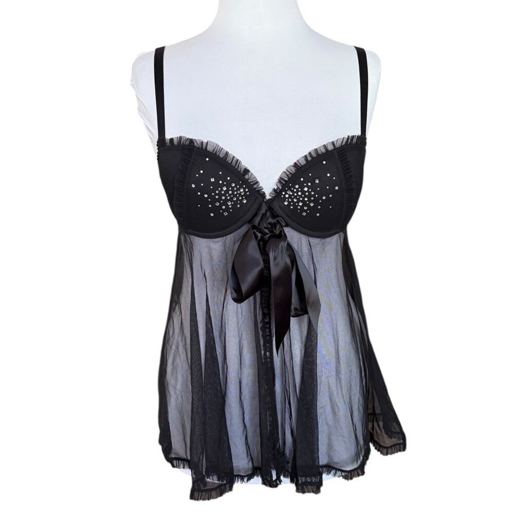 Victoria's Secret Sexy Little Things Babydoll Lingerie Bow Black Rhinestones 34D - Picture 2 of 10